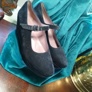 Robert Clergerie Vintage black suede platform/ wedge w/cross strap shoes